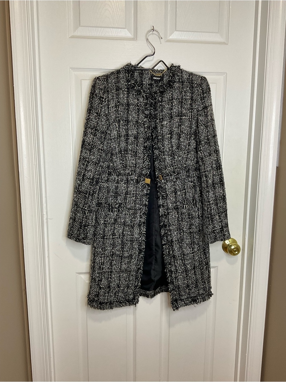 DKNY Black and White Tweed Fringe-Trim Coat